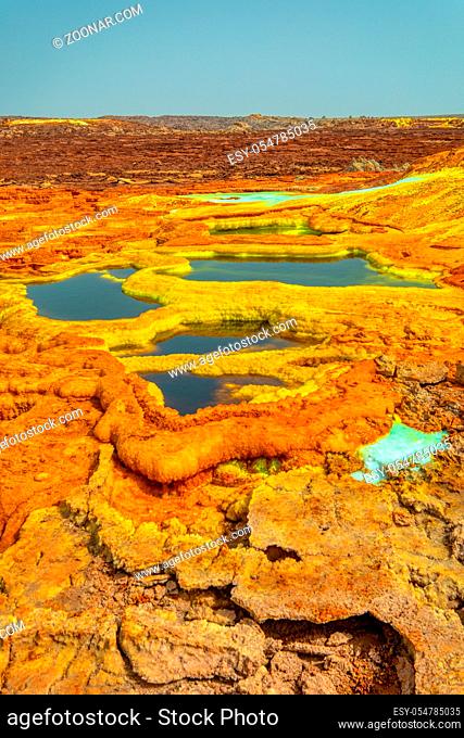 Beautiful small sulfur lakes Dallol, Ethiopia. Danakil Depression is the hottest place on Earth in terms of year-round average temperatures