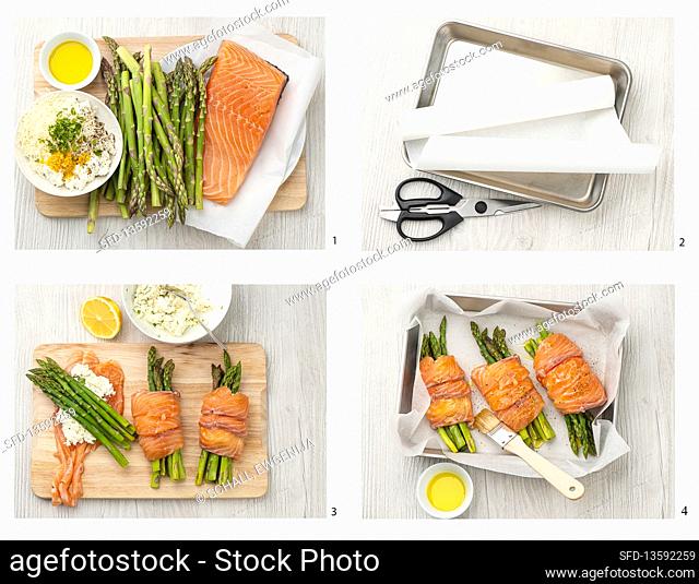 Preparing salmon roulades with curd filling and asparagus