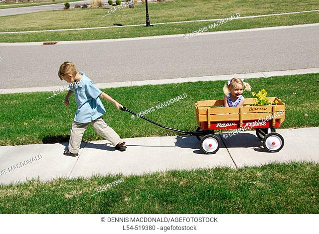 children in a wagon Showing the concept of pulling and pushing pull push