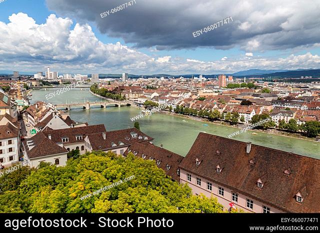 View of Basel city from one of the towers of the cathedral