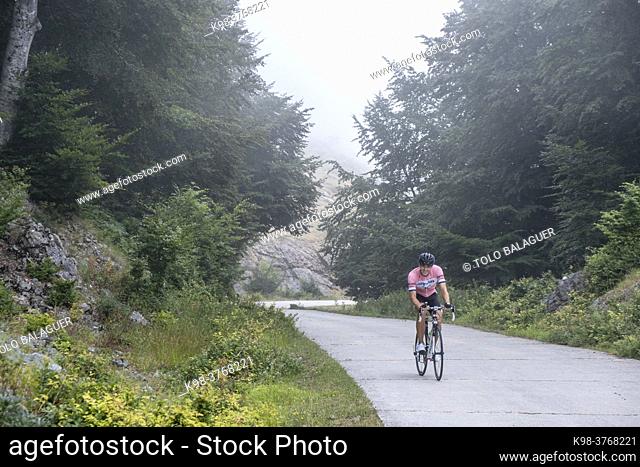 cyclist ascending the Uarte-Arakil track, Sierra de Aralar, Navarra, spain