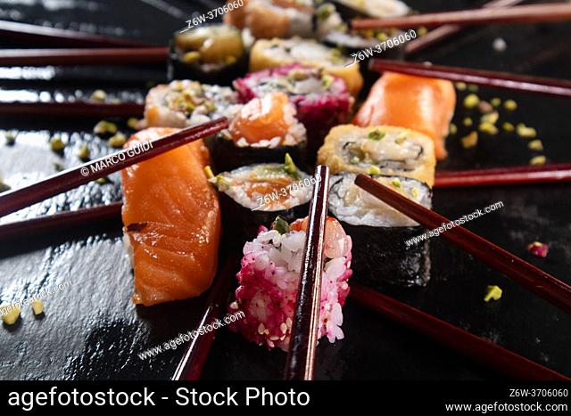 Photographic representation of the colors of sushi on a black background