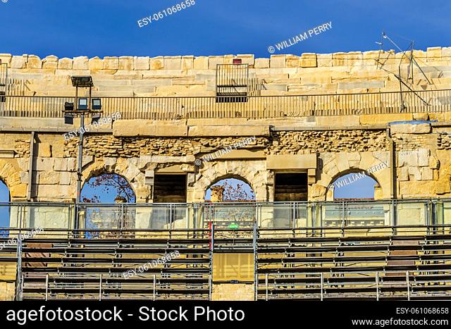 Ancient Classical Roman Amphitheatre Arena Nimes Gard France. Built in 70 AD Used now for bull fights and sports events