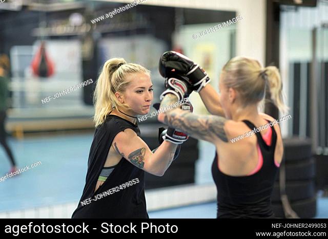 Two women practicing martial arts at gym