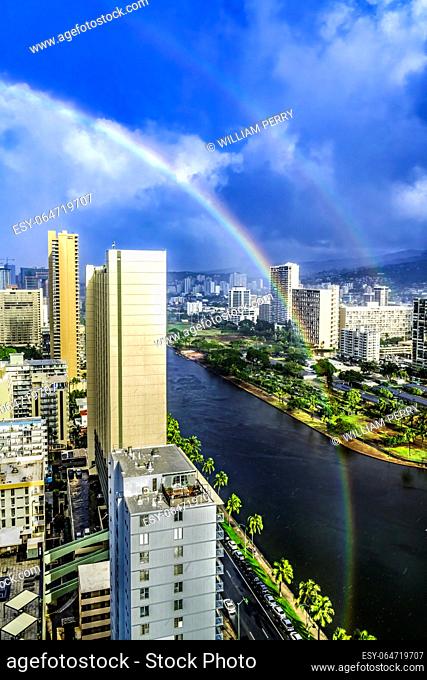 Colorful Rainstorm Double Rainbow Buildings Waikiki Ala Wai Canal Hotels Apartment Buildings Honolulu Oahu Hawaii
