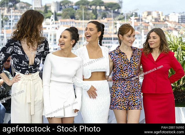 Doria Tillier (l-r), Oulaya Amamra, Adele Exarchopoulos, Anais Demoustier and Blanche Gardin pose at the photocall of 'Smoking Causes Coughing' during the 75th...