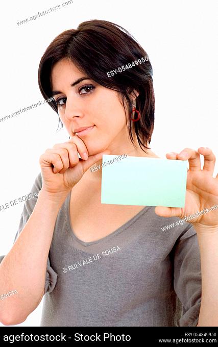 young beautiful woman showing a card, isolated