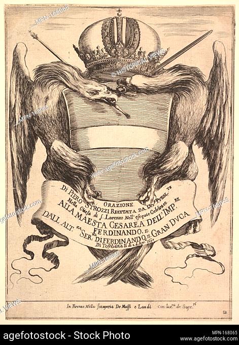 Frontispiece for 'The funeral of Emperor Ferdinand II' (Esequie dell'imperadore Ferdinando II): the imperial coat of arms in center, supported by two eagles