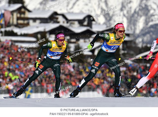 21 February 2019, Austria, Seefeld: Nordic skiing, world championship, cross-country - sprint freestyle, ladies, races, decisions quarter finals: (l-r) Sofie...