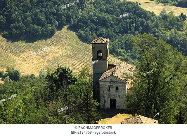 Church below the ruins of Canossa Castle, Emilia Romagna, Italy, Europe