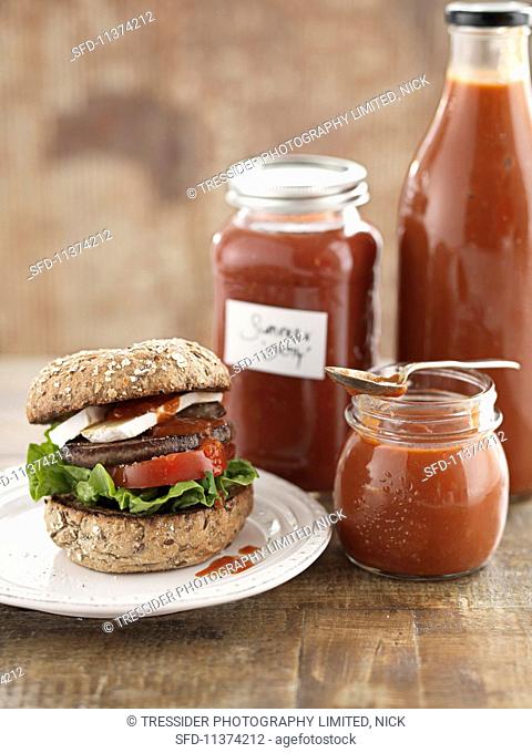 Homemade tomato sauce and a burger