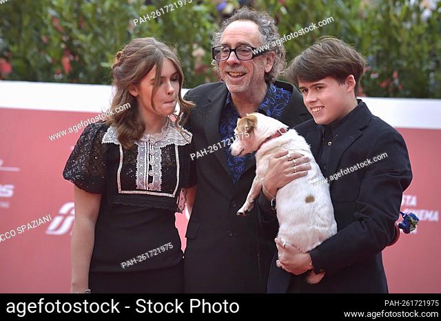 ROME, ITALY - OCTOBER 23: Nell Burton, Tim Burton and Billy-Ray Burton attends the Tim Burton Close Encounter red carpet during the 16th Rome Film Fest 2021 on...