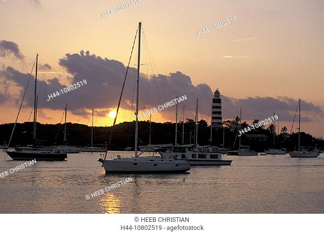 Abaco Island, Bahamas, boats, coast, Elbow Cay, harbor, Hope Town, lighthouse, port, sail boats, sea, sundown, marin