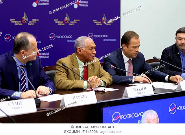 At the Russian Mission Control Center in Korolev, Russia, NASA Administrator Charles Bolden (center) makes remarks at a post-docking news conference Nov