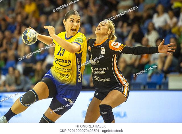 L-R Chiara Spugnini Santome (Gran Canaria) and Michaela Borovska (Most) in action during the Women's EHF Champions League, qualification