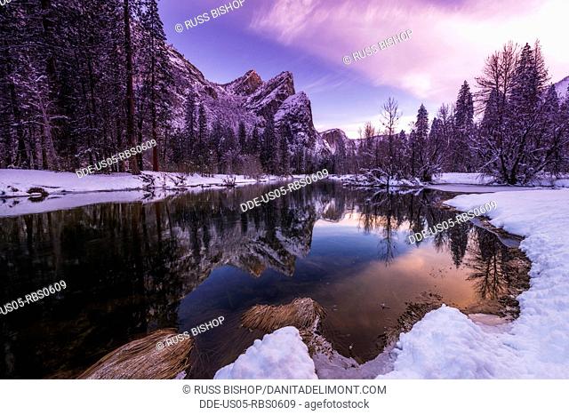 The Three Brothers above the Merced River in winter, Yosemite National Park, California, USA
