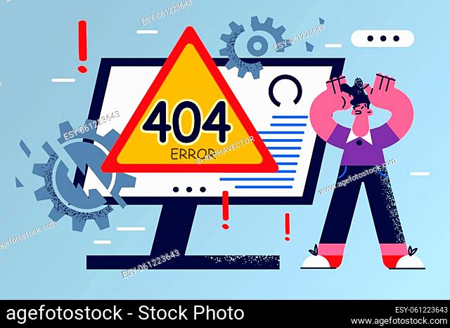 Frustrated male have error 404 on computer screen distressed with device malfunction or breakdown. Confused man stressed shocked with operational mistake on PC