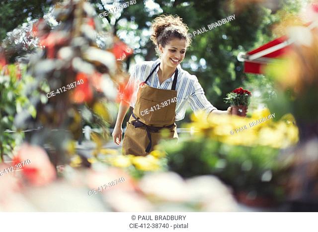 Smiling female florist arranging display at sunny storefront