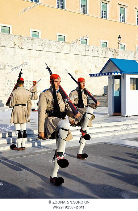 ATHENS, GREECE - AUGUST 14: Changing guards near parliament on September 14, 2010 in Athens, Greece
