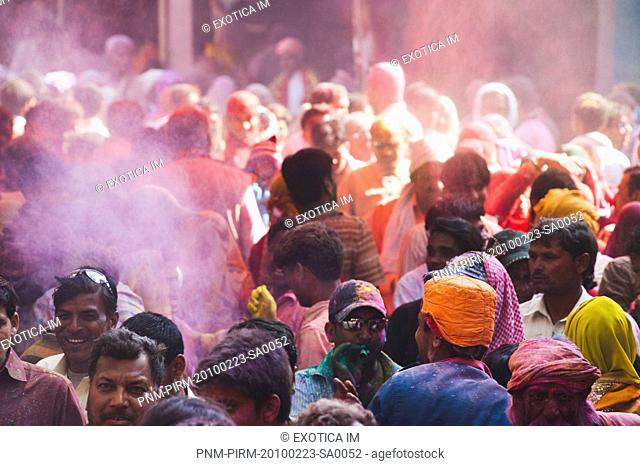 Group of people celebrating Holi festival, Barsana, Uttar Pradesh, India