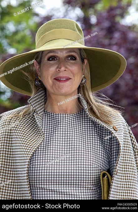 Queen Maxima of The Netherlands arrives at Smit & Zoon in Weesp, on May 26, 2021, to visit the company specialized in products for leather processing