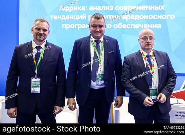 RUSSIA, ST PETERSBURG - JULY 28, 2023: Vikor executive director Alexander Klokov, chief technologist of the Vysotsky Grain Terminal Project Alexander Sainetsky