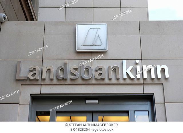 Building facade with logo of Landesbankinn, Landesbanki, Reykjavik, Iceland, Scandinavia, Northern Europe, Europe