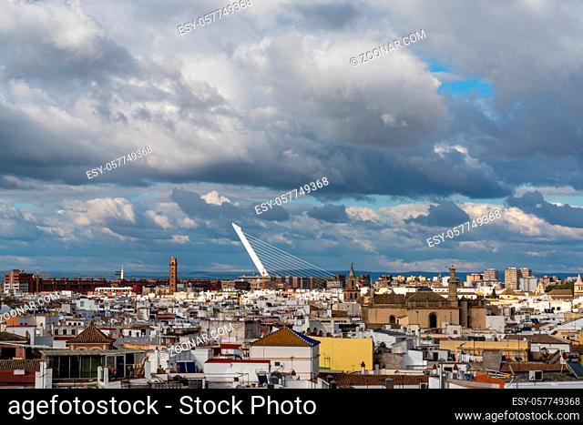 Seville, Spain - 10 January, 2021: cityscape view from up high of the beautiful city of Seville