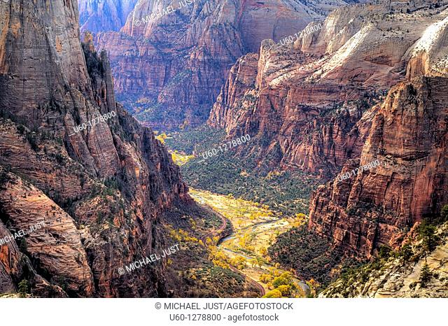 Zion Canyon during autumn from Observation Point at Zion National Park, Utah