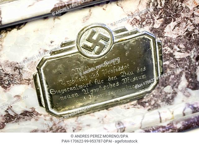 A marble chest with a swastika can be seen at the Interpol headquarters in Buenos Aires, Argentina, 21 June 2017. After finding a mysterious collection of...