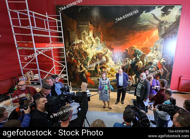 RUSSIA, ST PETERSBURG - DECEMBER 21, 2023: The museum's officials give a press briefing on the start of restoration of Karl Bryullov's history painting The Last...