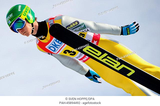 Ski jumper Eetu Vaehaesoeyrinki of Finland in action during a practice jump for the Nordic Combined World Cup in Oberstdorf, Germany, 25 January 2014
