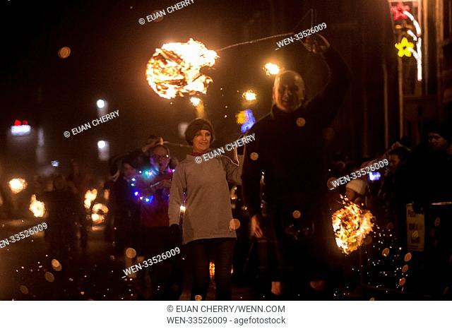 Stonehaven brings in 2018 with fireballs display in Scotland as the world celebrates new years. Featuring: Fireballers Where: Stonehaven