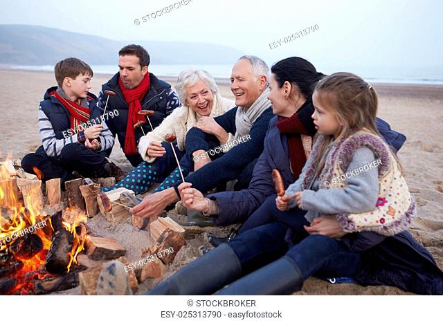 Multi Generation Family Having Barbeque On Winter Beach