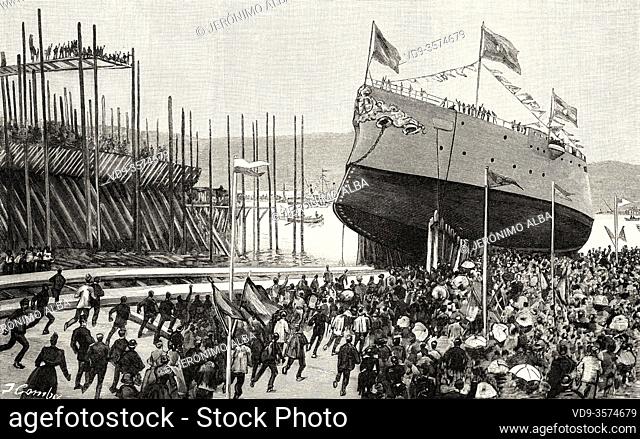 Launch of the Spanish Navy armored cruiser Infanta María Teresa in Nervion shipyard, Bilbao on August 30, 1890. It was the flagship of Admiral Cervera's squad...