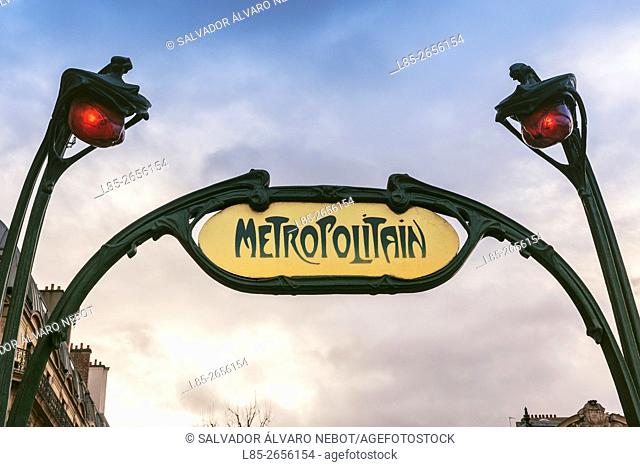 Typical Subway station entrance in Paris, France