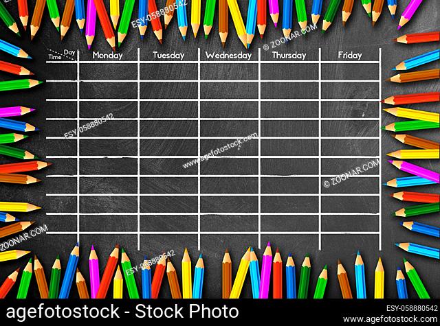school timetable or class schedule template on blackboard framed by colored pencils