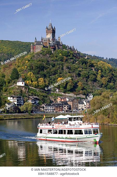 View of castle on hill in Cochem on Mosel River in Rheinland-Palatinate Germany