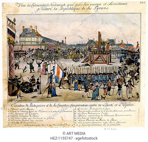 Execution of Robespierre and his accomplices, 1794. Maximilien Marie Isidore de Robespierre (1758-1794), French revolutionary and protagonist of the Reign of...