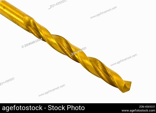 golden drill bit closeup isolated on white background