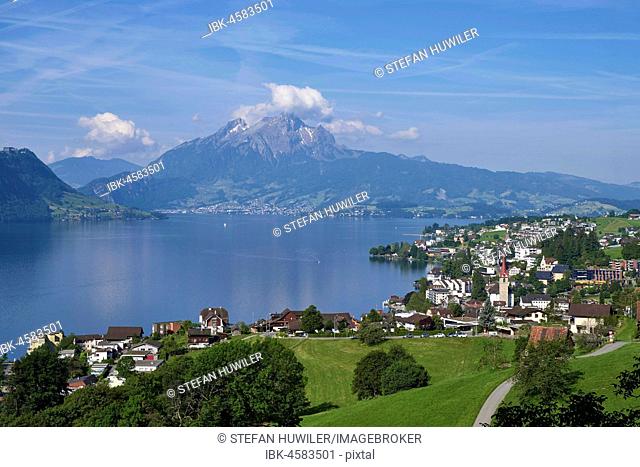View of the village of Weggis on Lake Lucerne, Weggis, Canton of Lucerne, Switzerland