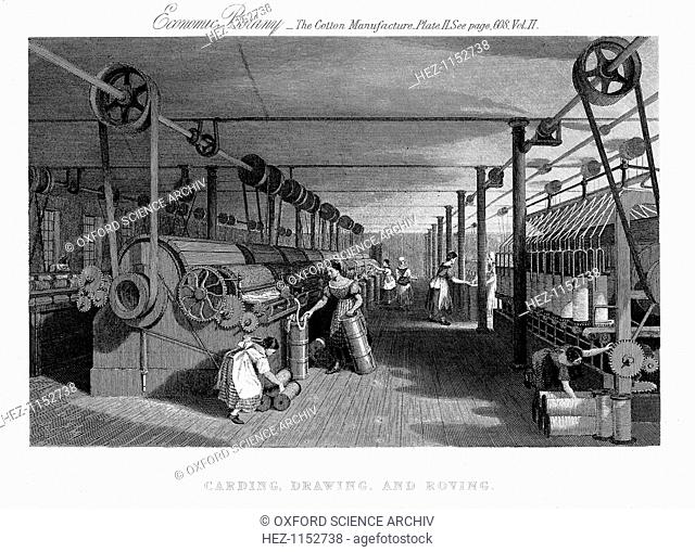 Carding, drawing and roving cotton, c1830. A carding engine (left) delivers cotton in a single sliver. The factory is operated by shafts and belting