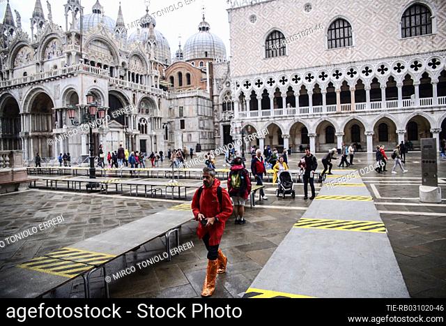 The barriers of the Mose system, which protects the city of Venice and the Venetian Lagoon from flooding, are emerged out of water, for the first time