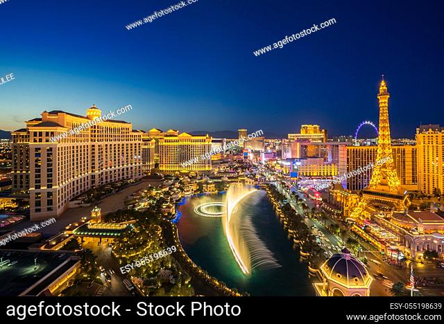 cityscape of Las Vegas strip Aerial view in Nevada at night USA