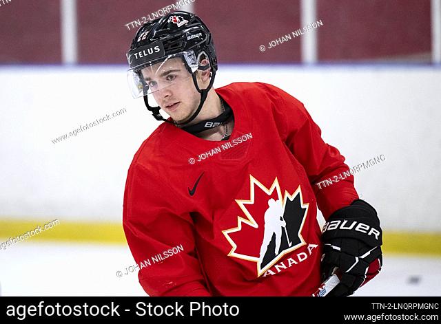 Jordan Dumais (22) when Canada's team trains in Limhamns Ice Hall in Malmö, Sweden, 18 December 2023 ahead of the JVM (2024 IIHF Junior WC)