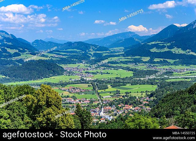 Germany, Bavaria, county Rosenheim, Oberaudorf, Hocheck, village view with Inn valley