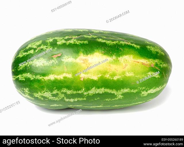green oblong striped watermelon isolated on white background, close up