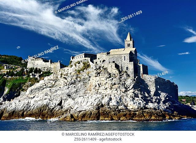 The promontory of Portovenere with the Church of St. Peter - San Pietro church - Portovenere - Porto Venere - near Cinque Terre, Liguria, Italy