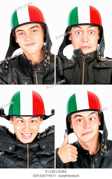 Teenager boy with helmet making faces isolated in white