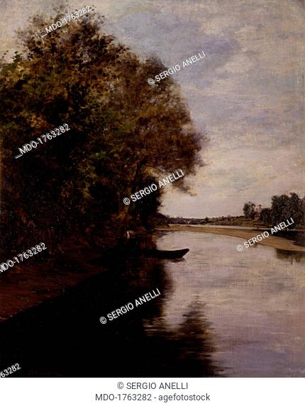 The Po River in Chivasso (Il Po a Chivasso), by Demetrio Cosola, 1870 - 1895, 19th Century, oil on cardboard. Private collection. Whole artwork view